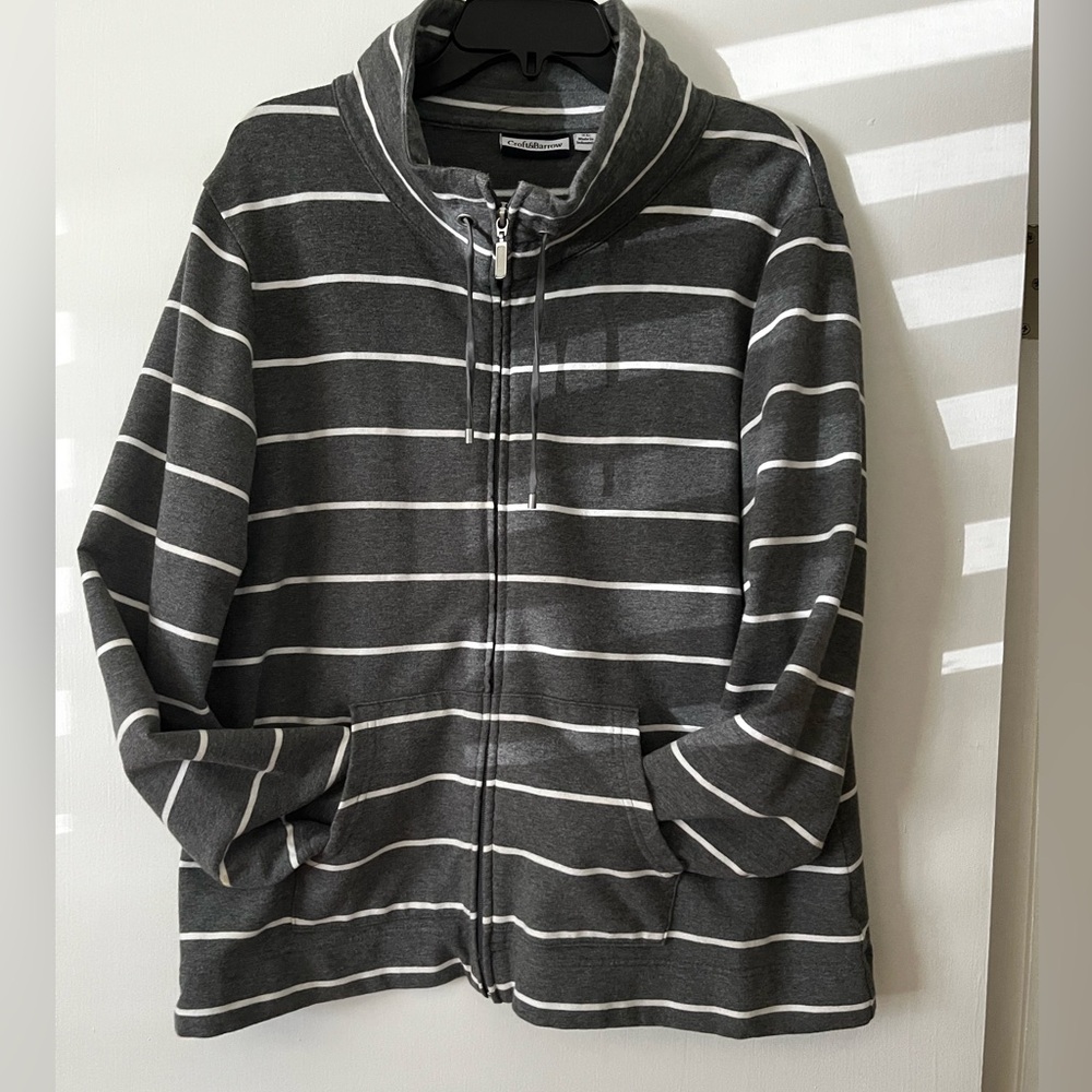 Croft & Barrow Gray and White Vertical Striped Zippered Cotton Cardigan Jacket